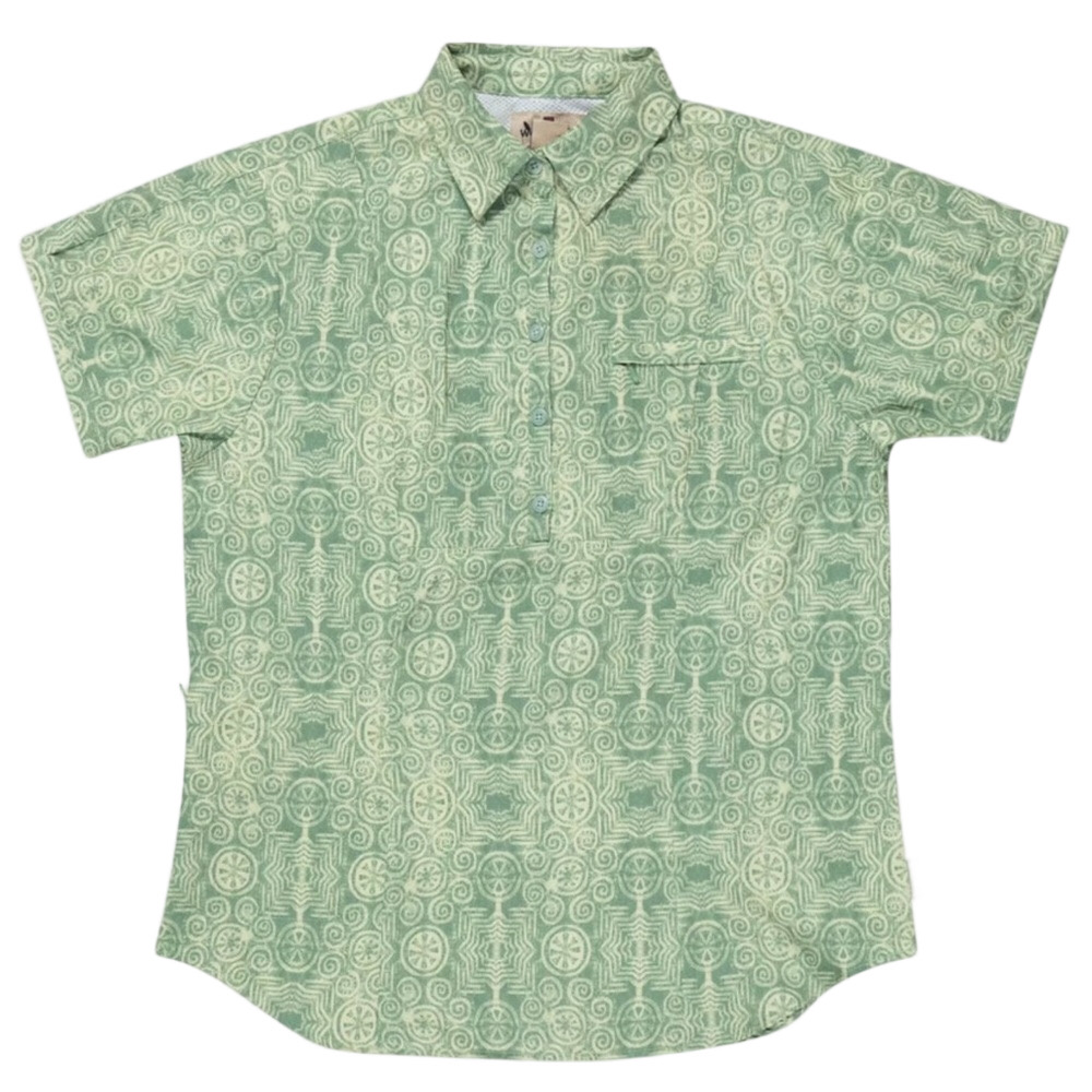 WOOLRICH Women Large Short Sleeve Button Up Green Brenna Shirt Zip Pockets